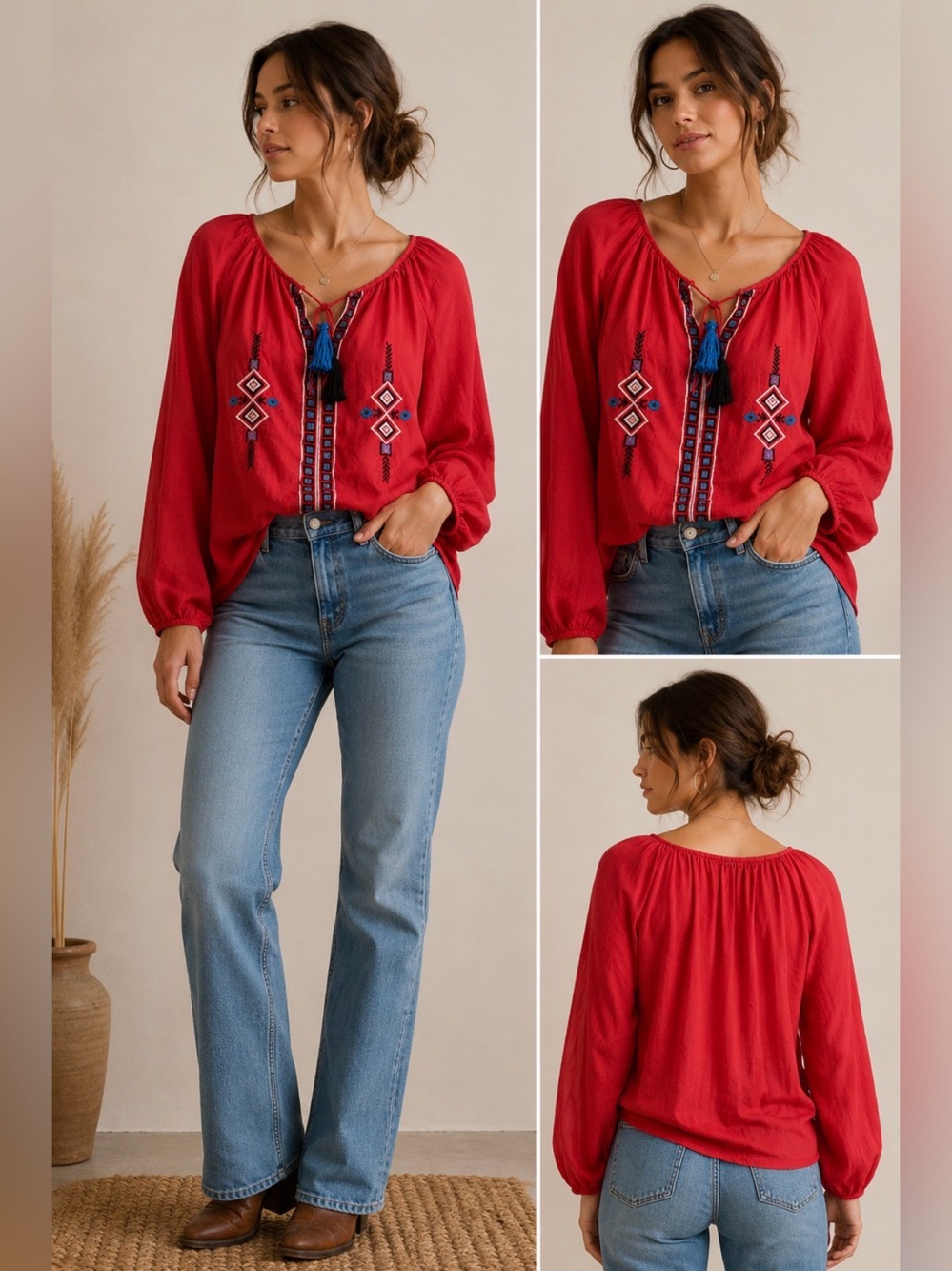 California MoonRise Red Embroidered Boho Peasant Blouse Tassel Tie Neck small
